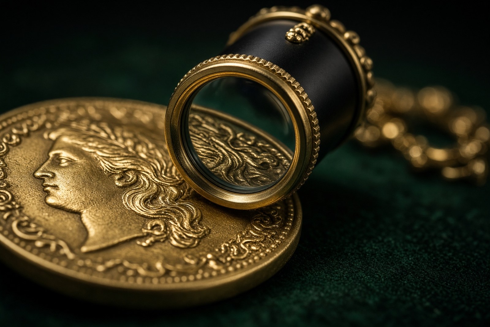 Jeweller's loupe over a gold coin