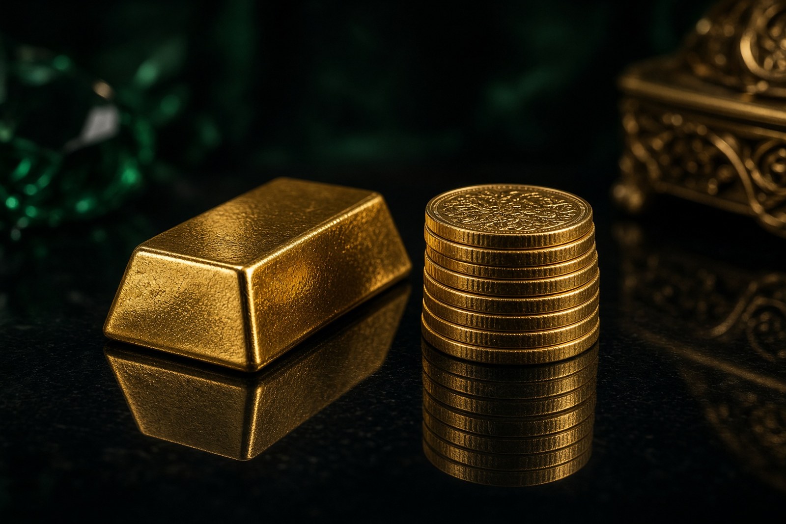 Gold bar beside gold coins
