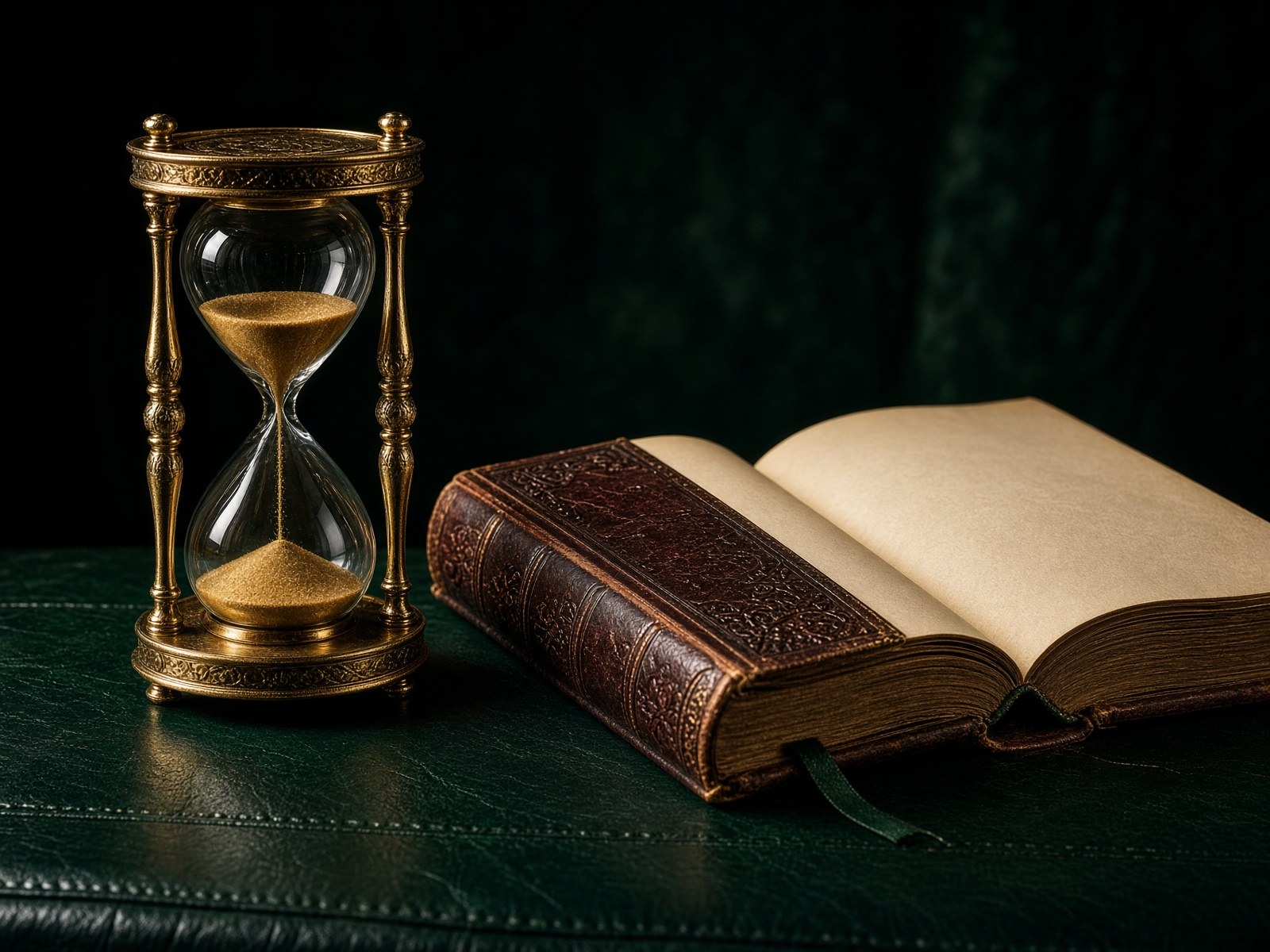Hourglass with gold sand beside an open leather journal