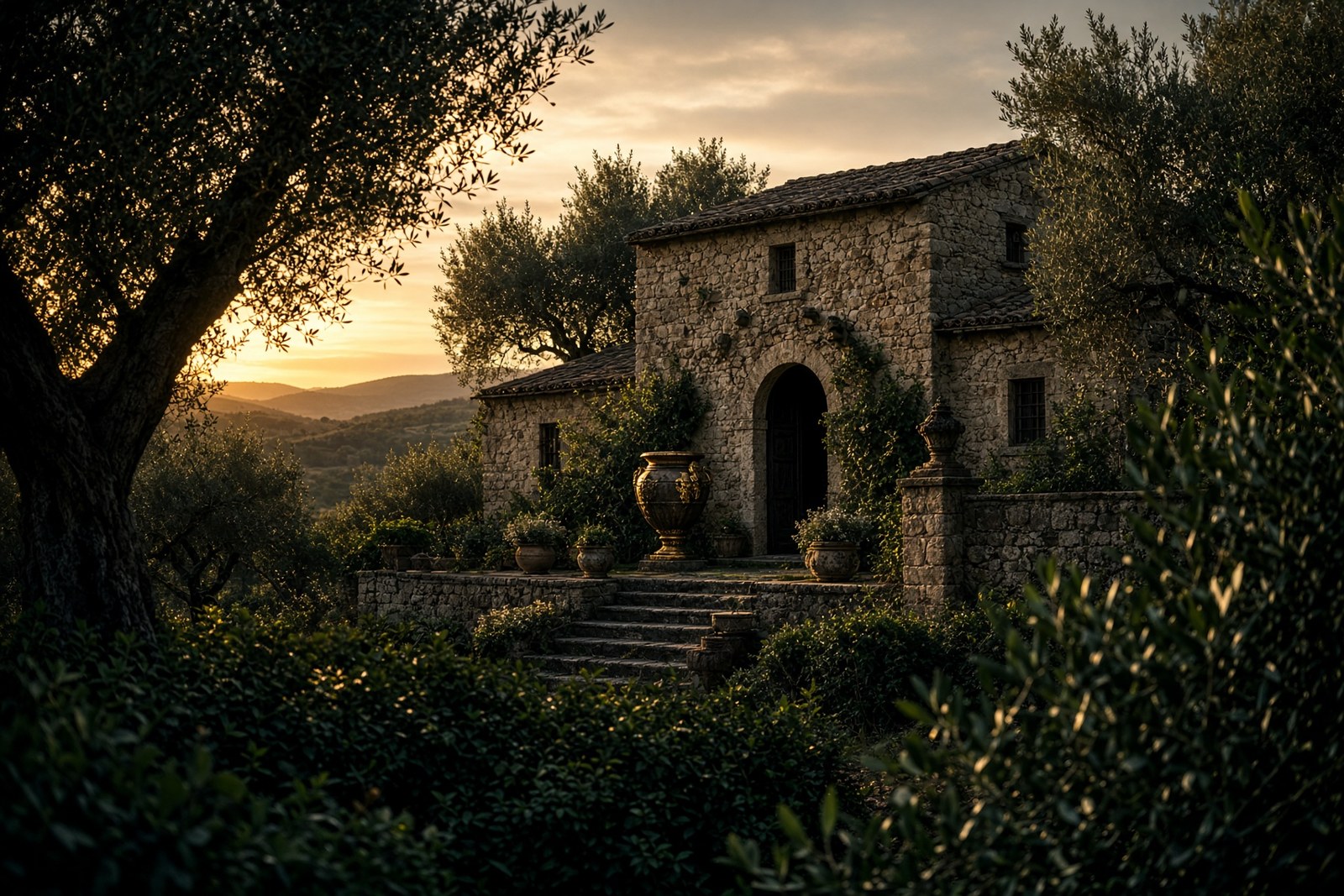 Sicilian stone farmhouse at golden hour