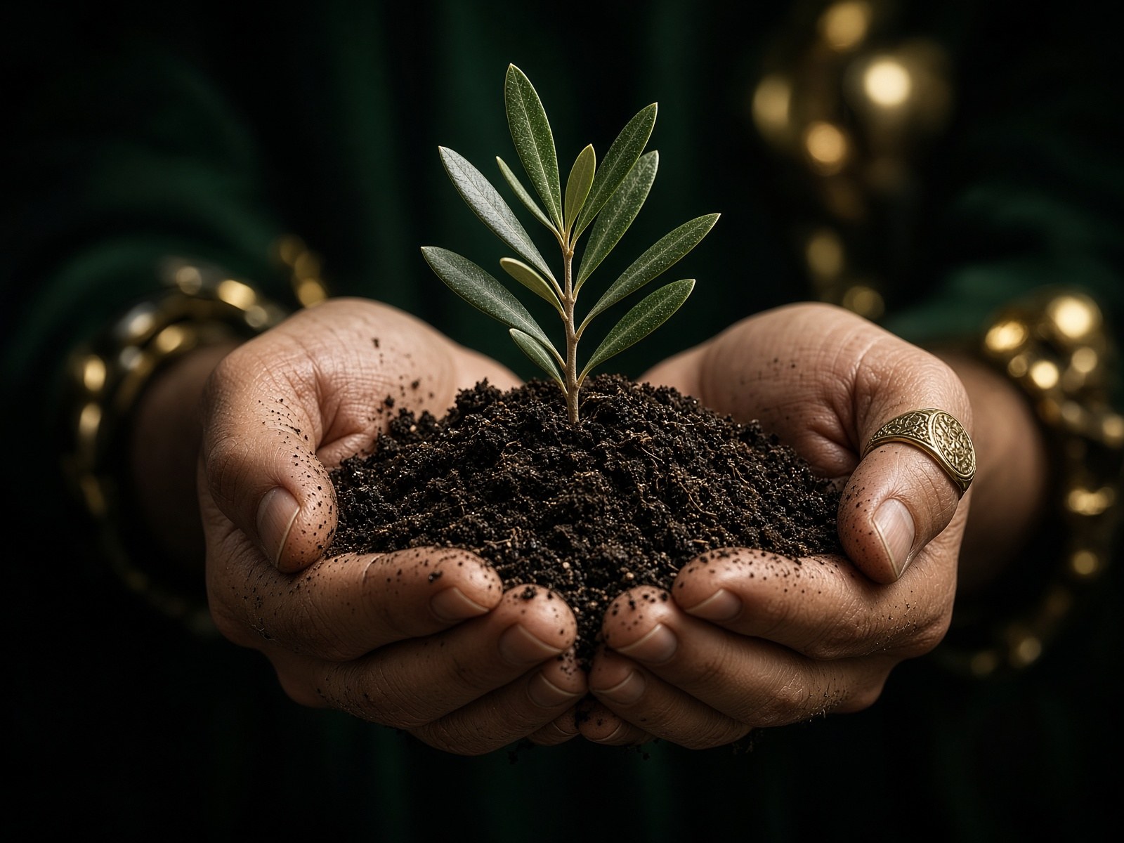 Hands holding dark soil with an olive sapling