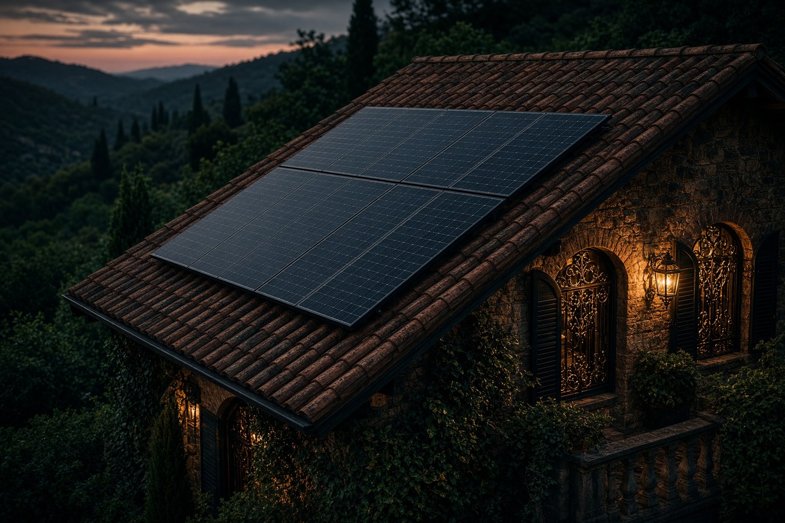 Solar panels on a terracotta roof at dusk