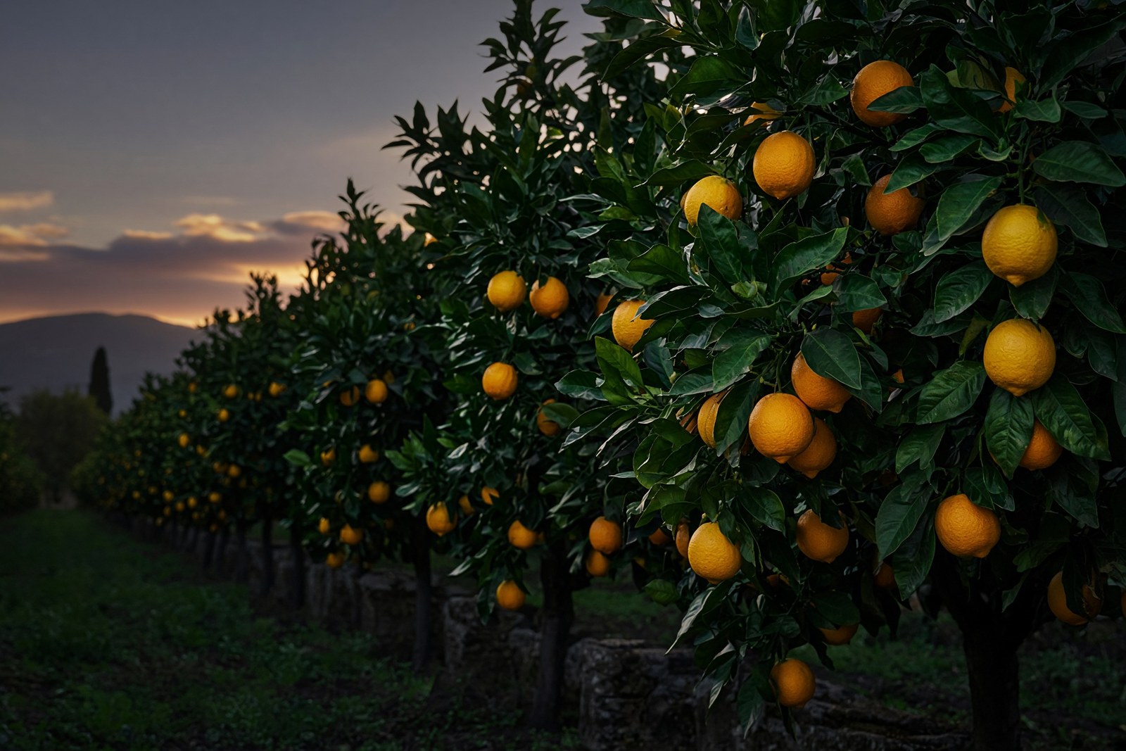 Row of citrus trees in an orchard