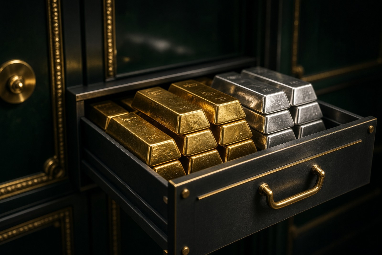 Open vault drawer holding gold bars
