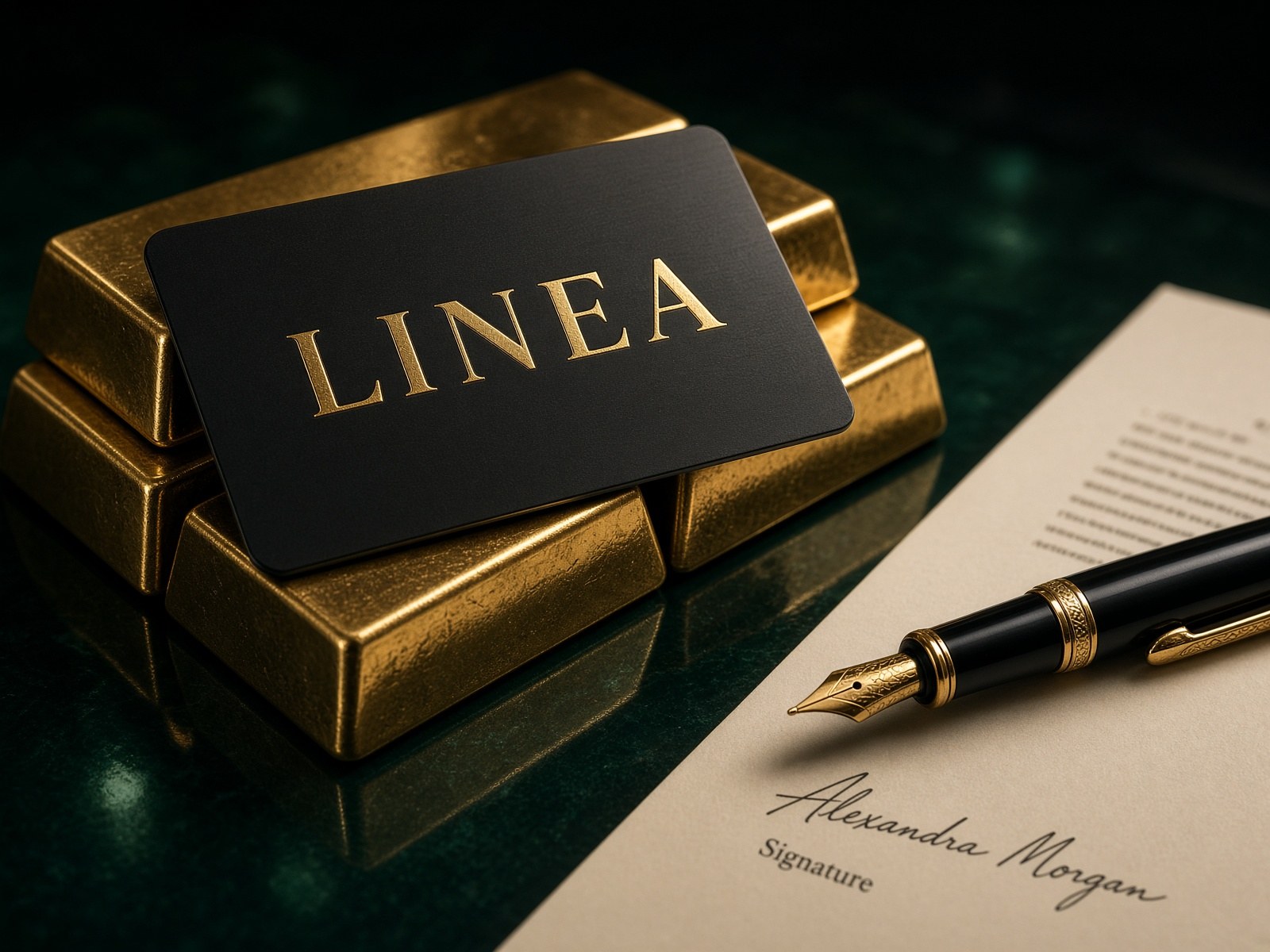 Black metal Linea card resting on gold bars beside a fountain pen and contract