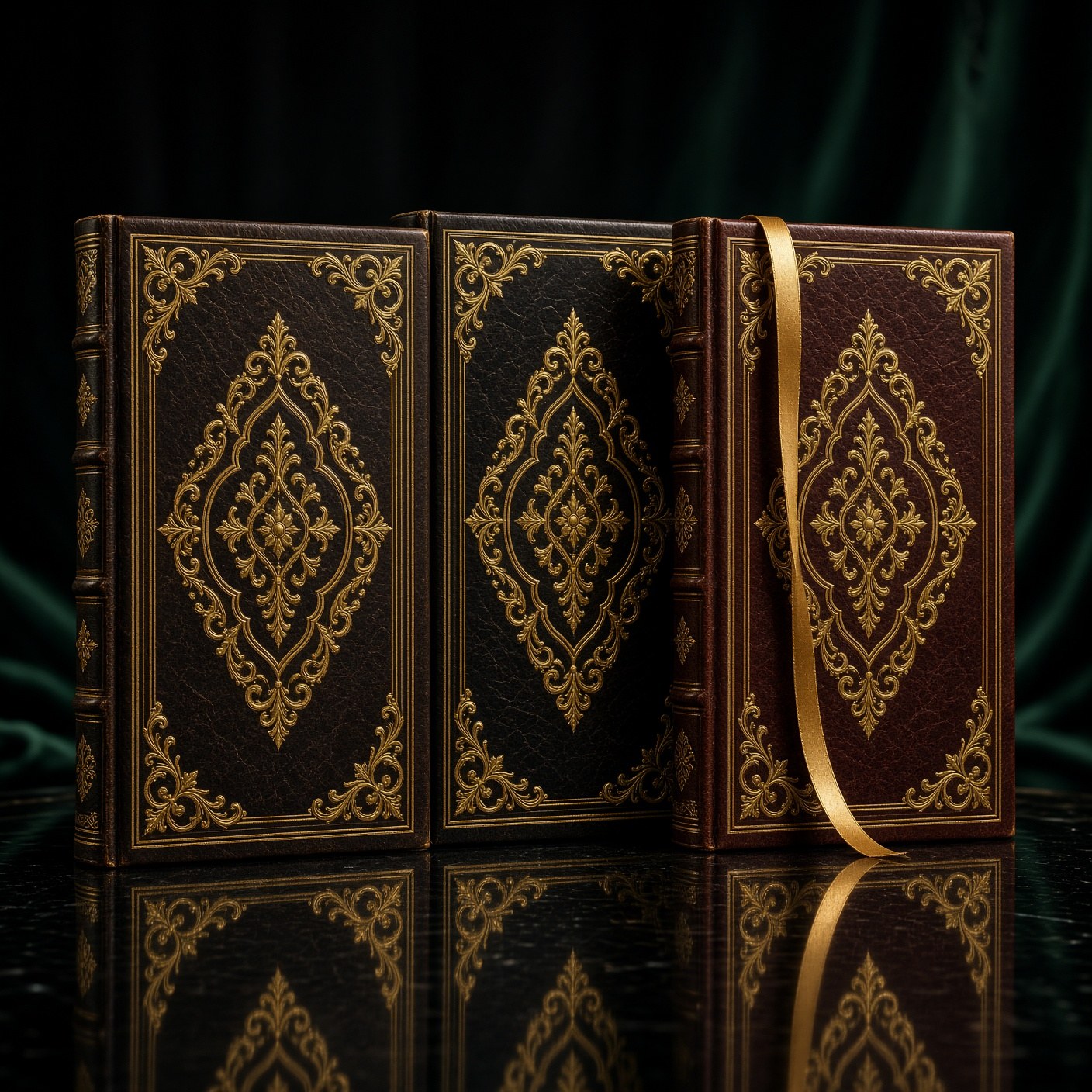 Leather-bound books with gold foil titles on black glass