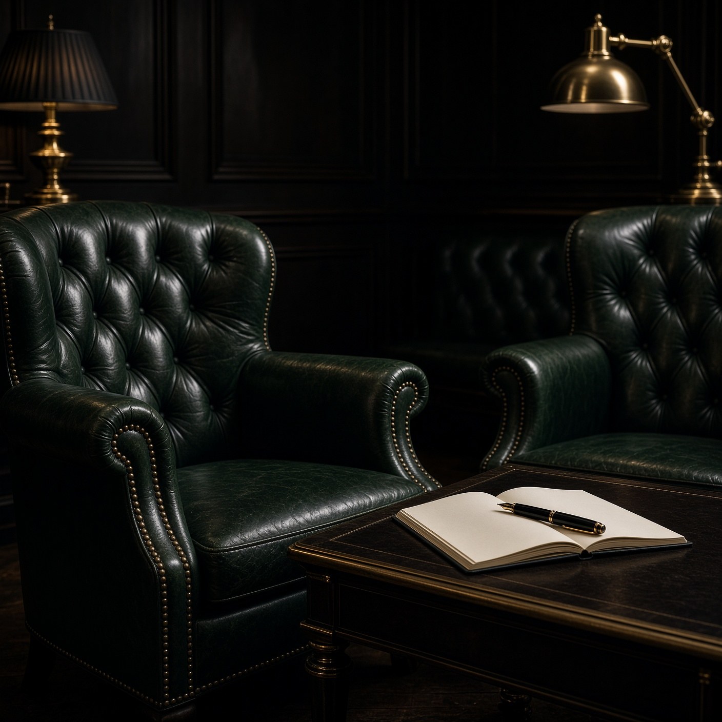 Dark-panelled study with leather armchairs, notebook and fountain pen
