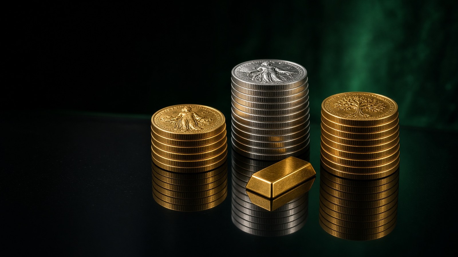 Gold and silver bullion coins with a small gold bar on black glass