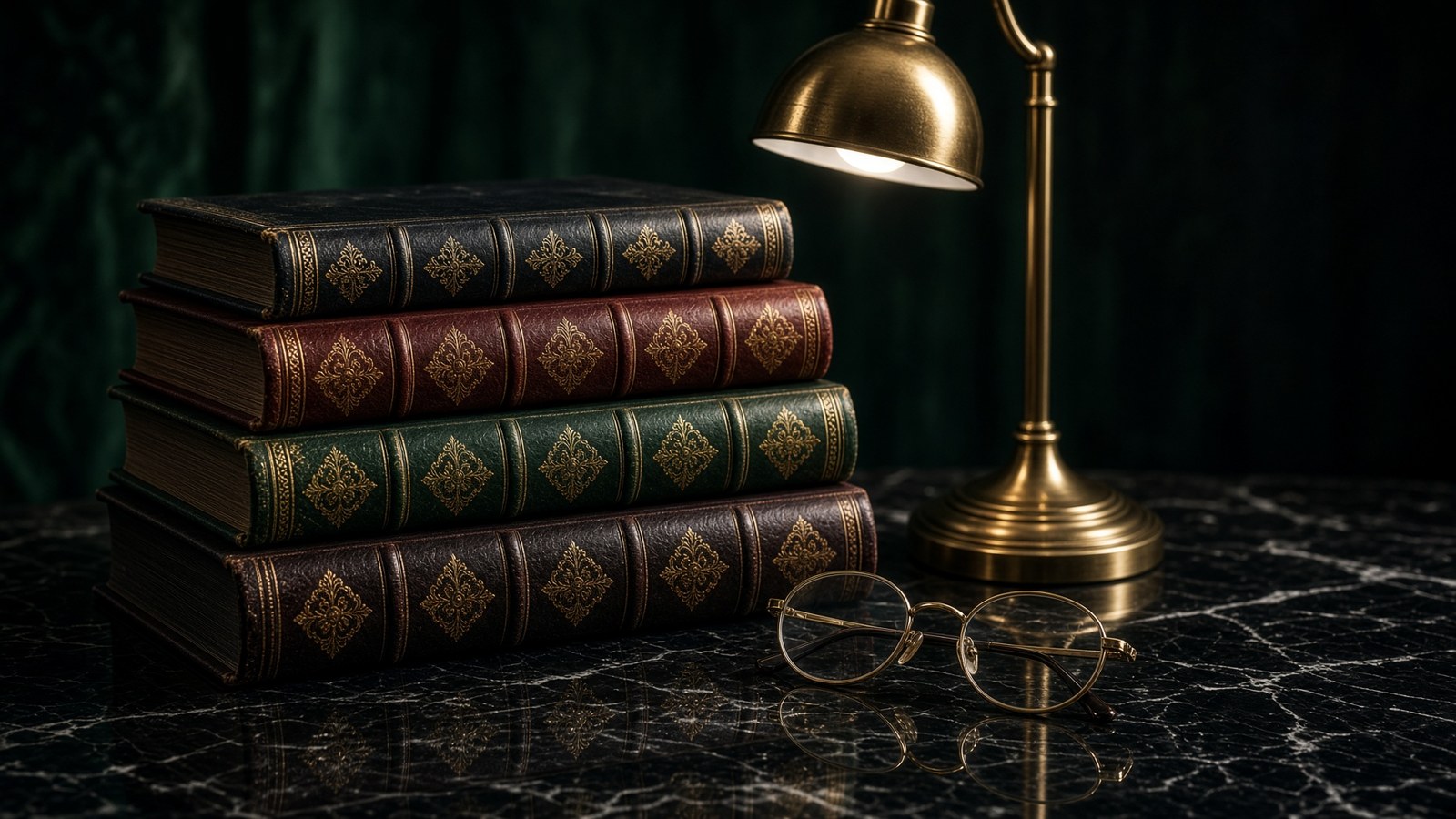 Leather-bound books with gold spines beside a brass reading lamp