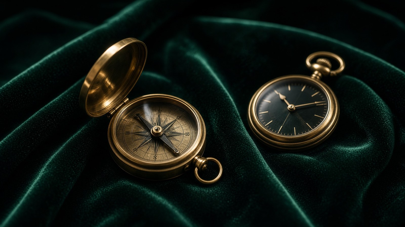 Antique brass compass and gold pocket watch on emerald velvet