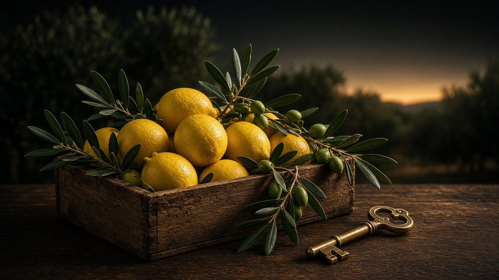 Crate of Sicilian lemons and olive branches with a brass key