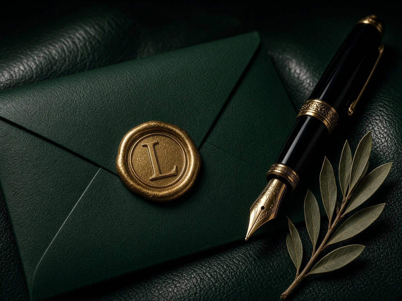 Wax-sealed envelope with a gold L seal, fountain pen and olive sprig
